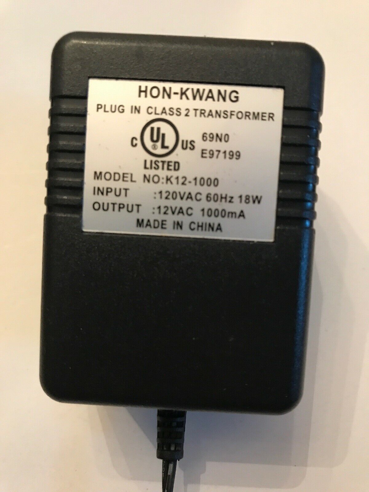New Hon-Kwang K12-1000 Plug in Class 2 Transformer 12VAC 1000mA - Click Image to Close